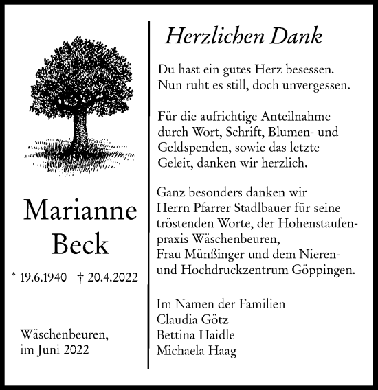 Traueranzeige von Marianne Beck von NWZ Neue Württembergische Zeitung