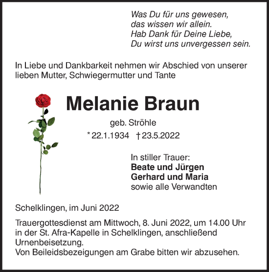 Traueranzeige von Melanie Braun von Ehinger Tagblatt