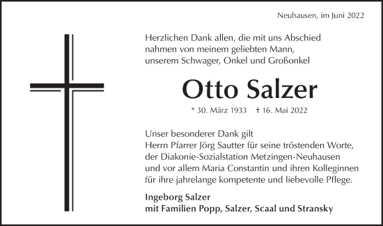 Traueranzeige von Otto Salzer von Metzinger-Uracher Volksblatt