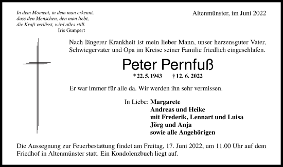 Traueranzeige von Peter Pernfuß von Hohenloher Tagblatt