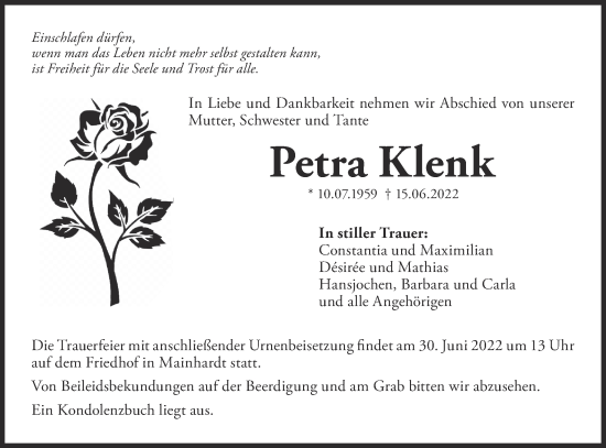 Traueranzeige von Petra Klenk von Haller Tagblatt