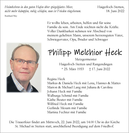 Traueranzeige von Philipp Melchior Heck von Metzinger-Uracher Volksblatt