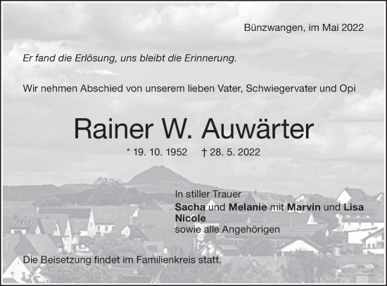 Traueranzeige von Rainer W. Auwärter von NWZ Neue Württembergische Zeitung