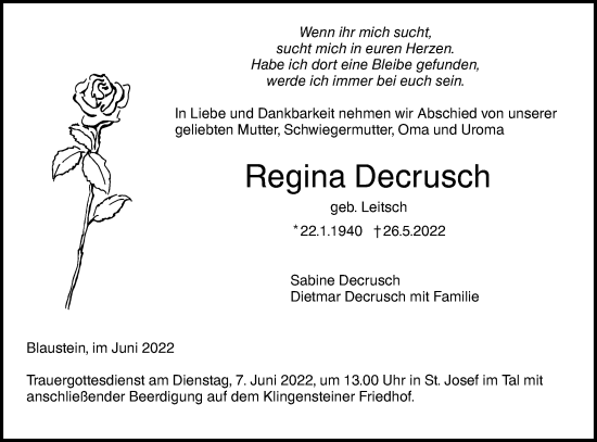 Traueranzeige von Regina Decrusch von SÜDWEST PRESSE Ausgabe Ulm/Neu-Ulm