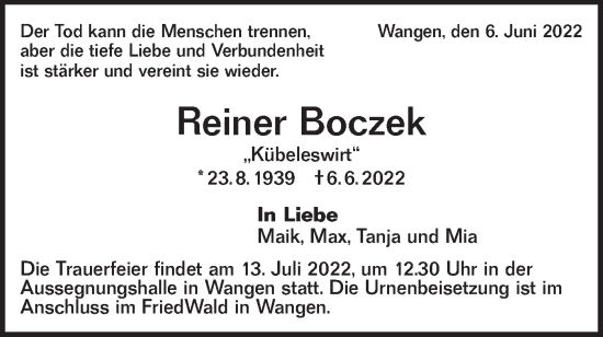 Traueranzeige von Reiner Boczek von NWZ Neue Württembergische Zeitung