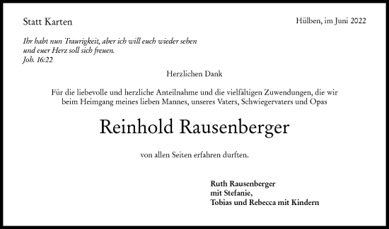 Traueranzeige von Reinhold Rausenberger von Metzinger-Uracher Volksblatt