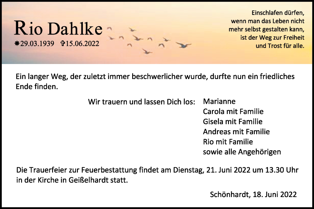  Traueranzeige für Rio Dahlke vom 18.06.2022 aus Haller Tagblatt