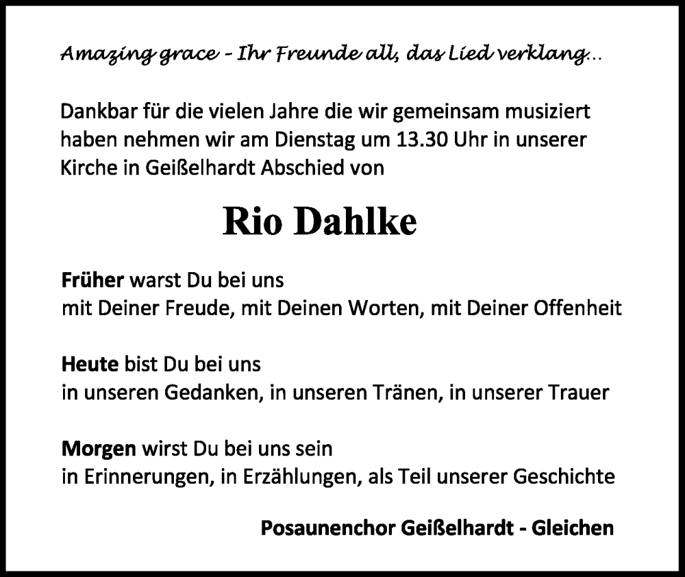  Traueranzeige für Rio Dahlke vom 18.06.2022 aus Haller Tagblatt