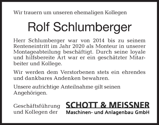 Traueranzeige von Rolf Schlumberger von Hohenloher Tagblatt