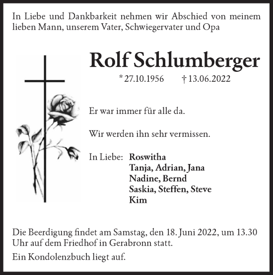 Traueranzeige von Rolf Schlumberger von Hohenloher Tagblatt