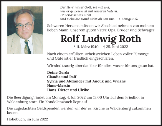 Traueranzeige von Rolf Ludwig Roth von Haller Tagblatt