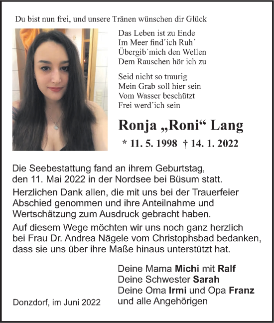 Traueranzeige von Ronja  Lang von NWZ Neue Württembergische Zeitung