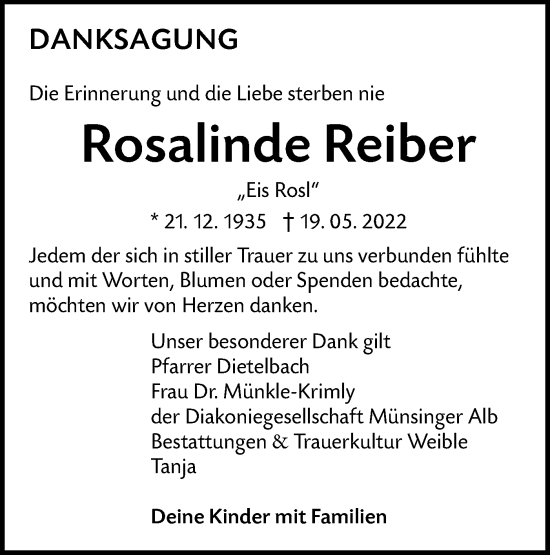 Traueranzeige von Rosalinde Reiber von Alb-Bote/Metzinger-Uracher Volksblatt