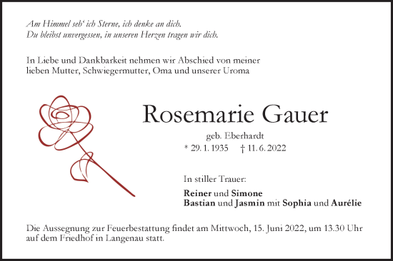 Traueranzeige von Rosemarie Gauer von SÜDWEST PRESSE Ausgabe Ulm/Neu-Ulm