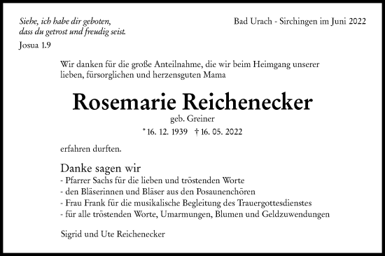 Traueranzeige von Rosemarie Reichenecker von Metzinger-Uracher Volksblatt