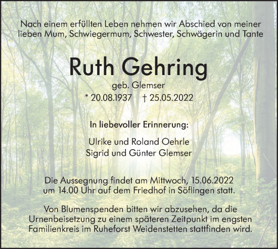 Traueranzeige von Ruth Gehring von SÜDWEST PRESSE Ausgabe Ulm/Neu-Ulm