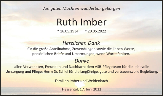 Traueranzeige von Ruth Imber von Haller Tagblatt