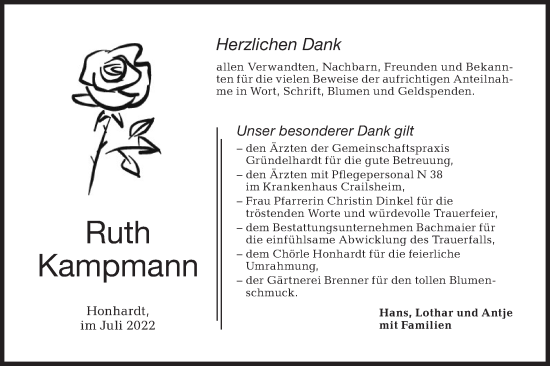 Traueranzeige von Ruth Kampmann von Hohenloher Tagblatt