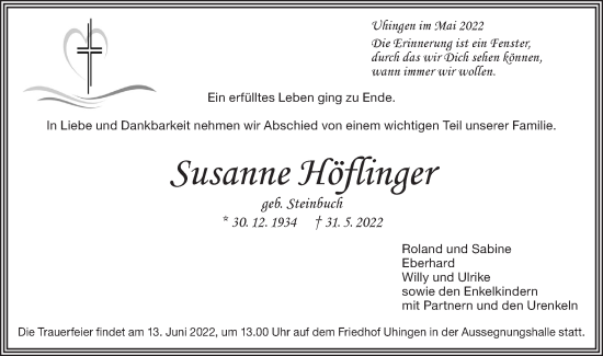 Traueranzeige von Susanne Höflinger von NWZ Neue Württembergische Zeitung