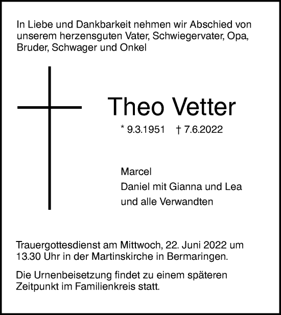 Traueranzeige von Theo Vetter von SÜDWEST PRESSE Ausgabe Ulm/Neu-Ulm