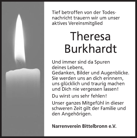 Traueranzeige von Theresa Burkhardt von Metzinger-Uracher Volksblatt