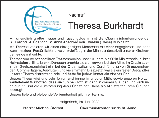 Traueranzeige von Theresa Burkhardt von Metzinger-Uracher Volksblatt