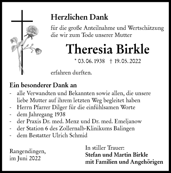 Traueranzeige von Theresia Birkle von Metzinger-Uracher Volksblatt