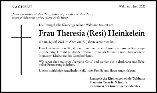 Traueranzeige von Theresia Heinkelein von Hohenloher Tagblatt