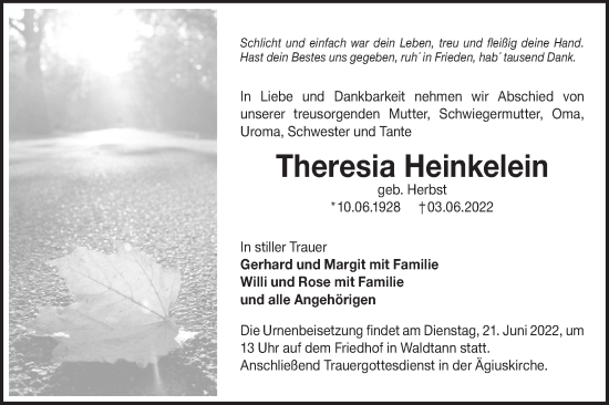 Traueranzeige von Theresia Heinkelein von Hohenloher Tagblatt