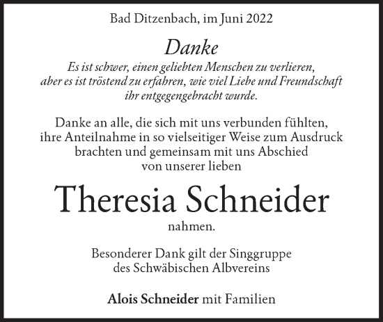 Traueranzeige von Theresia Schneider von Geislinger Zeitung