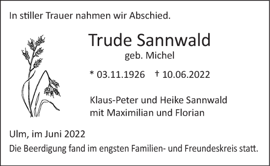 Traueranzeige von Trude Sannwald von SÜDWEST PRESSE Ausgabe Ulm/Neu-Ulm