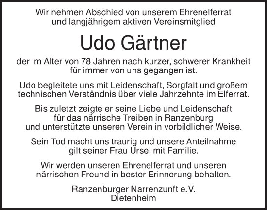 Traueranzeige von Udo Gärtner von SÜDWEST PRESSE Ausgabe Ulm/Neu-Ulm