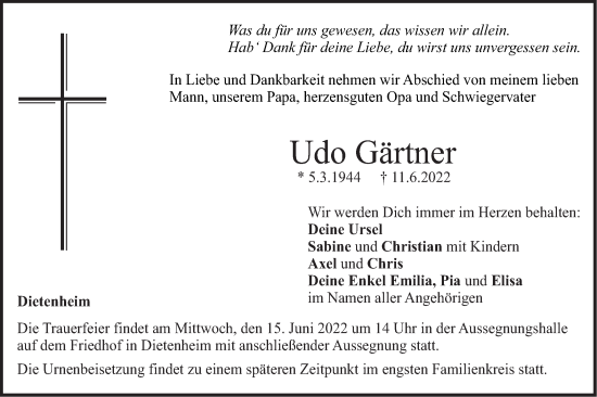 Traueranzeige von Udo Gärtner von SÜDWEST PRESSE Ausgabe Ulm/Neu-Ulm