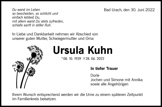 Traueranzeige von Ursula Kuhn von Metzinger-Uracher Volksblatt