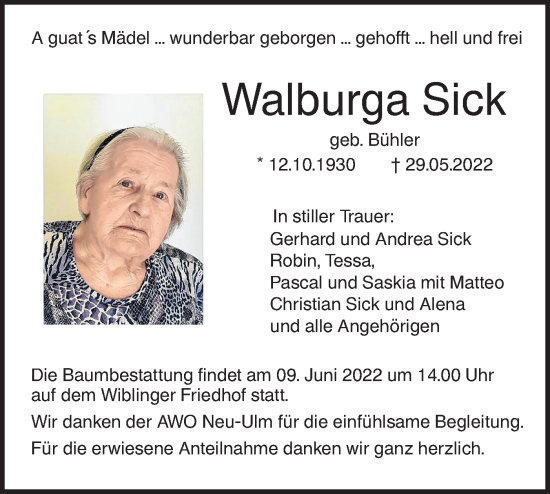 Traueranzeige von Walburga Sick von SÜDWEST PRESSE Ausgabe Ulm/Neu-Ulm