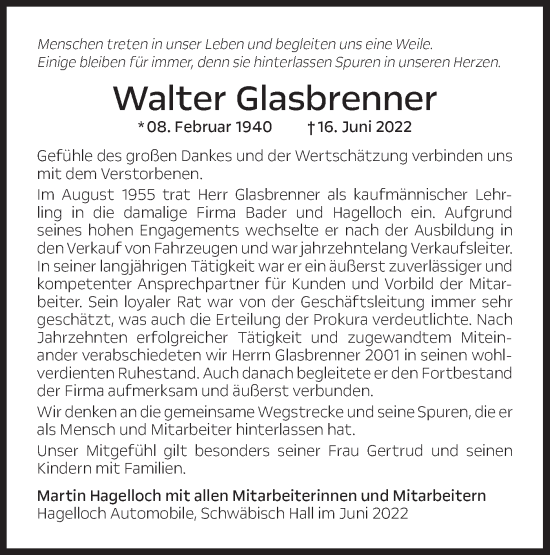 Traueranzeige von Walter Glasbrenner von Haller Tagblatt