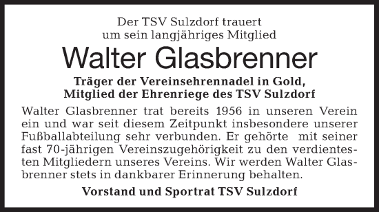 Traueranzeige von Walter Glasbrenner von Haller Tagblatt