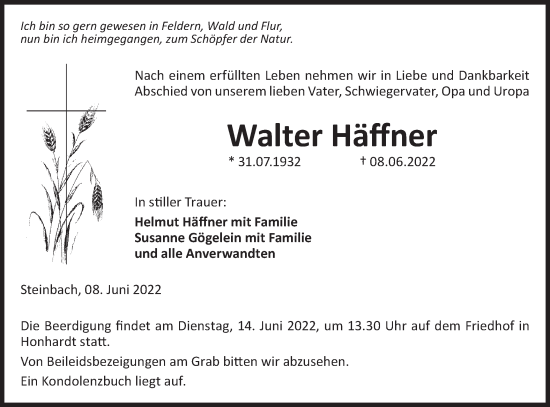 Traueranzeige von Walter Häffner von Hohenloher Tagblatt