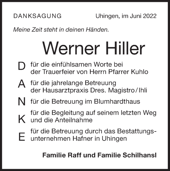 Traueranzeige von Werner Hiller von NWZ Neue Württembergische Zeitung