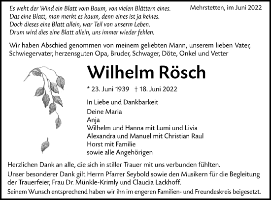 Traueranzeige von Wilhelm Rösch von Alb-Bote/Metzinger-Uracher Volksblatt