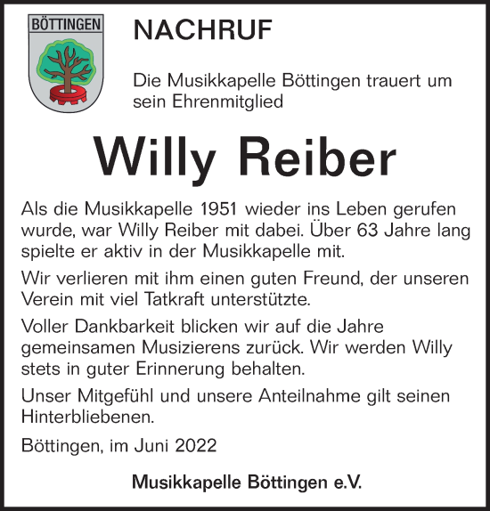 Traueranzeige von Willy Reiber von Alb-Bote/Metzinger-Uracher Volksblatt