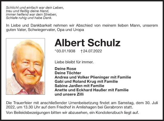 Traueranzeige von Albert Schulz von Hohenloher Tagblatt