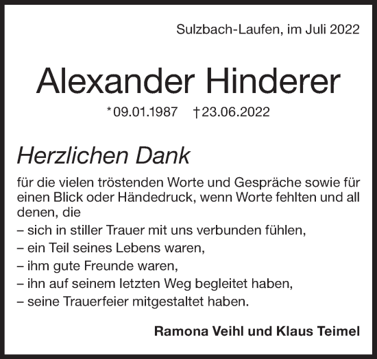 Traueranzeige von Alexander Hinderer von Rundschau Gaildorf