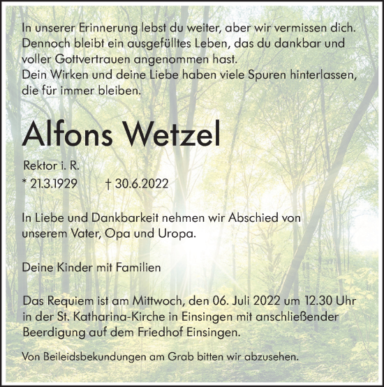 Traueranzeige von Alfons Wetzel von SÜDWEST PRESSE Ausgabe Ulm/Neu-Ulm