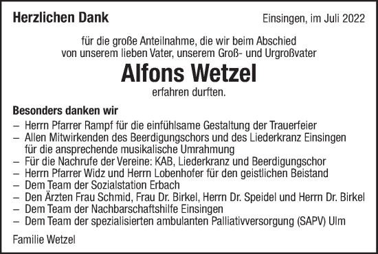 Traueranzeige von Alfons Wetzel von SÜDWEST PRESSE Ausgabe Ulm/Neu-Ulm