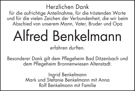 Traueranzeige von Alfred Benkelmann von Geislinger Zeitung