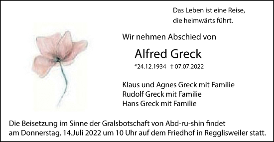 Traueranzeige von Alfred Greck von SÜDWEST PRESSE Ausgabe Ulm/Neu-Ulm