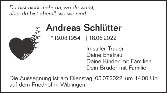 Traueranzeige von Andreas Schlütter von SÜDWEST PRESSE Ausgabe Ulm/Neu-Ulm