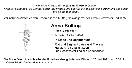 Traueranzeige von Anna Bulling von SÜDWEST PRESSE Ausgabe Ulm/Neu-Ulm