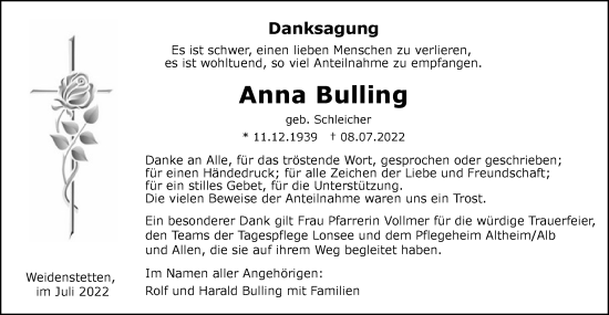 Traueranzeige von Anna Bulling von SÜDWEST PRESSE Ausgabe Ulm/Neu-Ulm